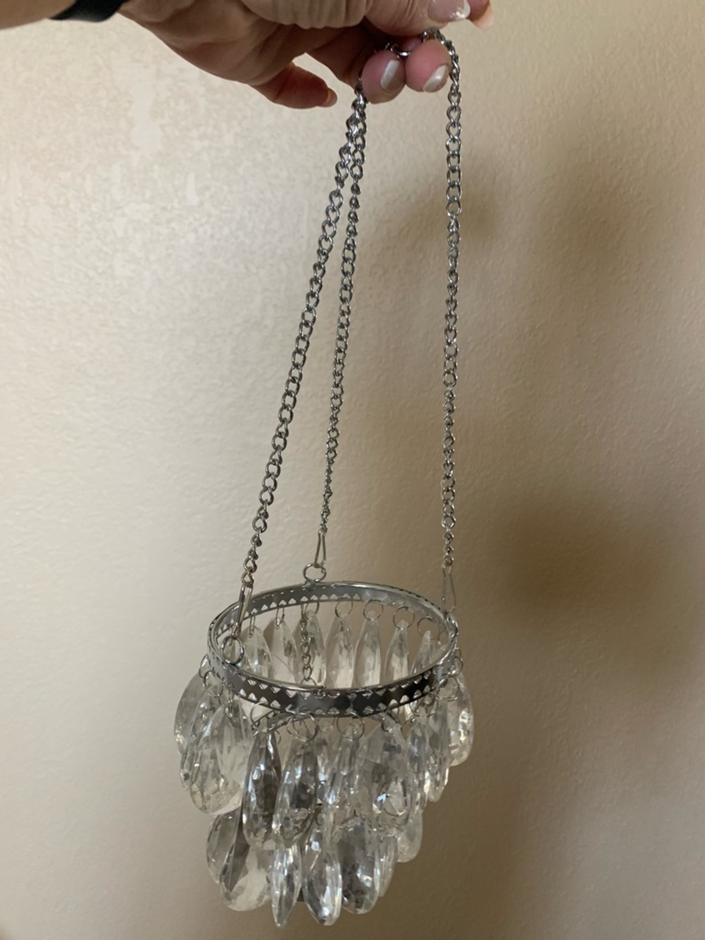 Crystal Teardrop Hanging Candle Holder - Silver Clear